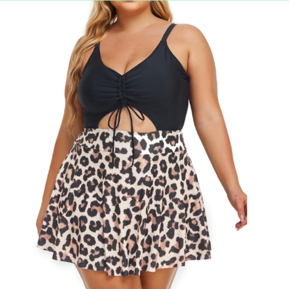 Summer Mae Women's Plus Size One Piece Swim Dress Floral Cutout Swimsuits V-Neck